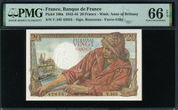 프랑스 France 1942-1944 ( 1943 ), 20 Francs, P100a, PMG 66 EPQ GEM UNC 완전미사용